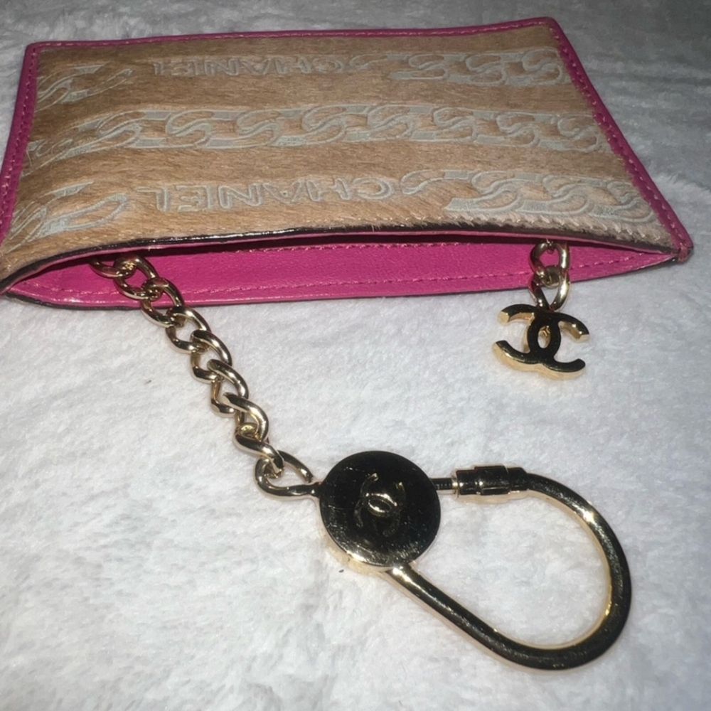 CHANEL Pony Hair Key Cles Card Holder with Box Beige Pink Rare VGUC - Picture 10 of 11